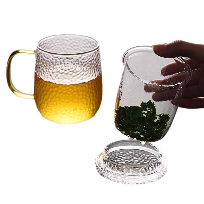 Hammer-patterned glass cups, living room and office cups, household high borosilicate handle, easy-to-clean thickened water cups, wholesale beverages Item Picture