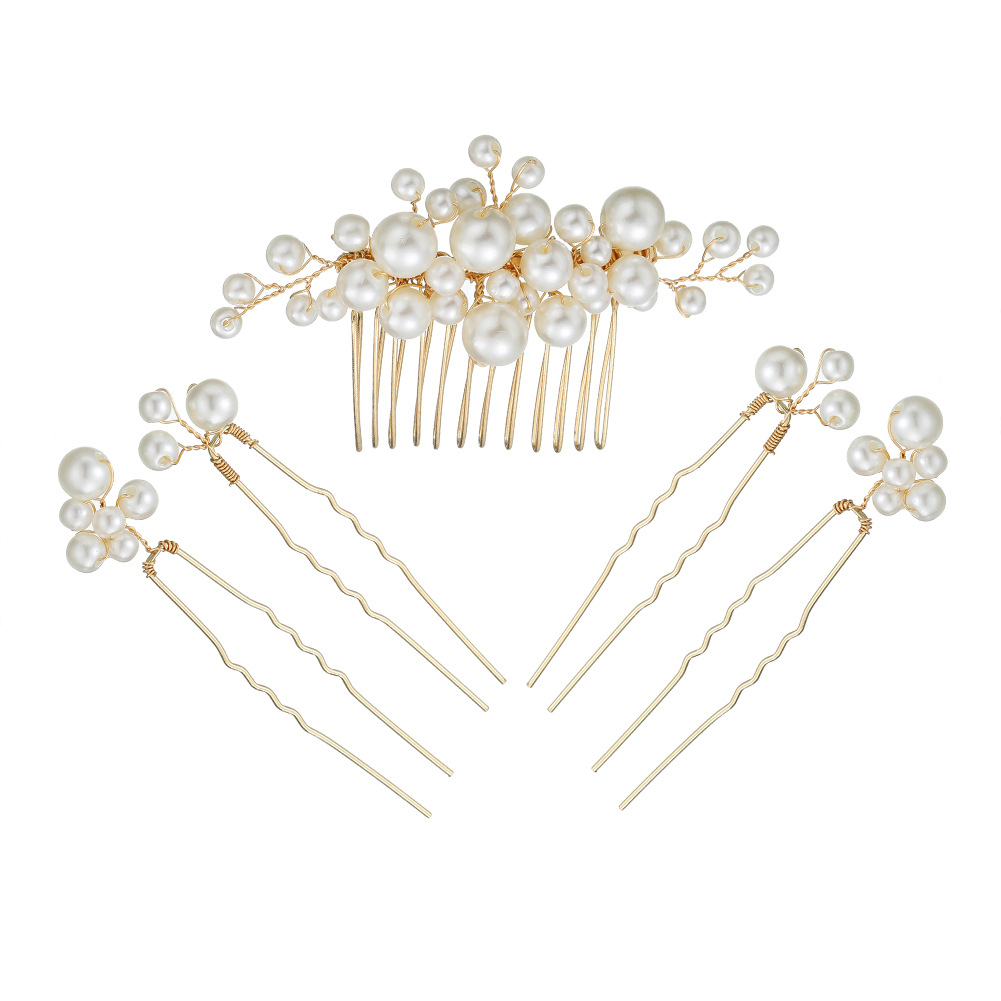 Bride accessories: Korean-style sweet headwear set, handcrafted pearl U-shaped hairpin, bridesmaid wedding dress, dress, updo and comb full figure
