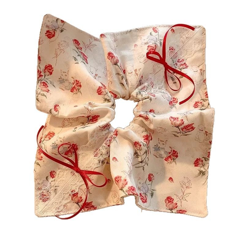 French rose bow, square scarf, large intestine hair tie, women's high-end and laid-back style, oversized hair accessory, hair tie Item Picture