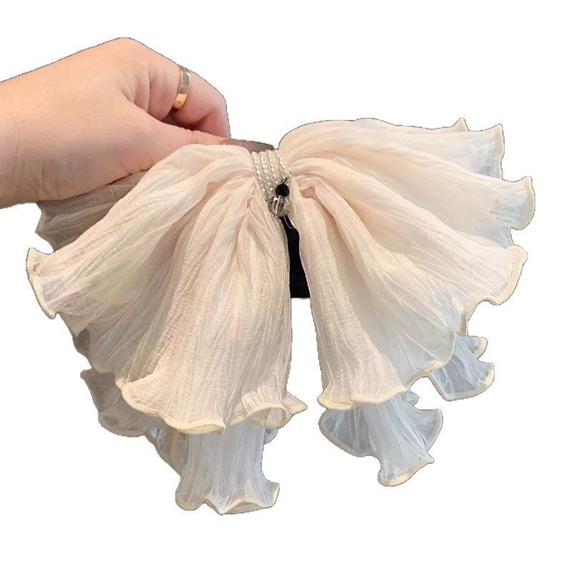 A new, ethereal and gentle double-layer mesh ponytail clip with a forest-themed sweet and high-end pearl pleated grab clip hair accessory for women Item Picture