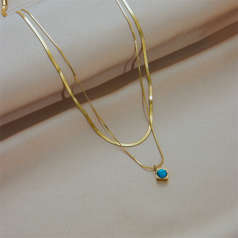 A double-layer chain titanium steel turquoise square pendant necklace with a fashionable and retro style from Europe and America details Picture