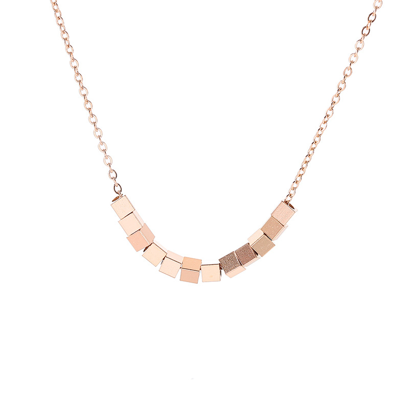 Simple and three-dimensional small square pendant, 18k rose gold, eight directions bringing wealth titanium steel necklace, female personality Internet celebrity collarbone chain Item Picture