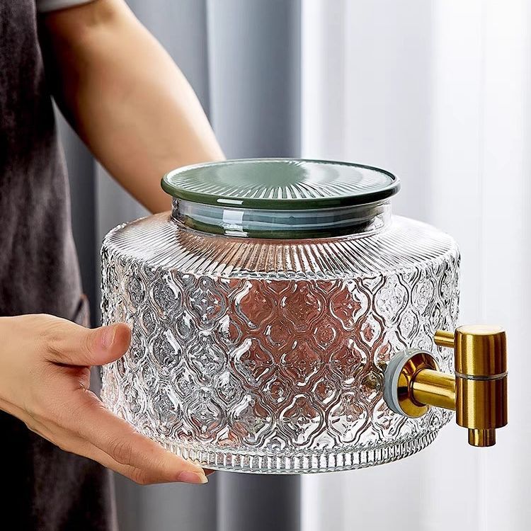 Hibiscus glass refrigerator, cold water bottle with faucet, summer cold-resistant fruit tea bucket, high-temperature resistant ice juice beverage bucket Specification drawing