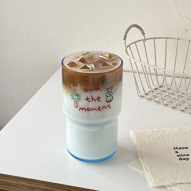 ins Blue texture Coconut Tree Puppy Glass Cup, a unique and high-end touch of blue water cup, heat-resistant coffee cup Specification drawing