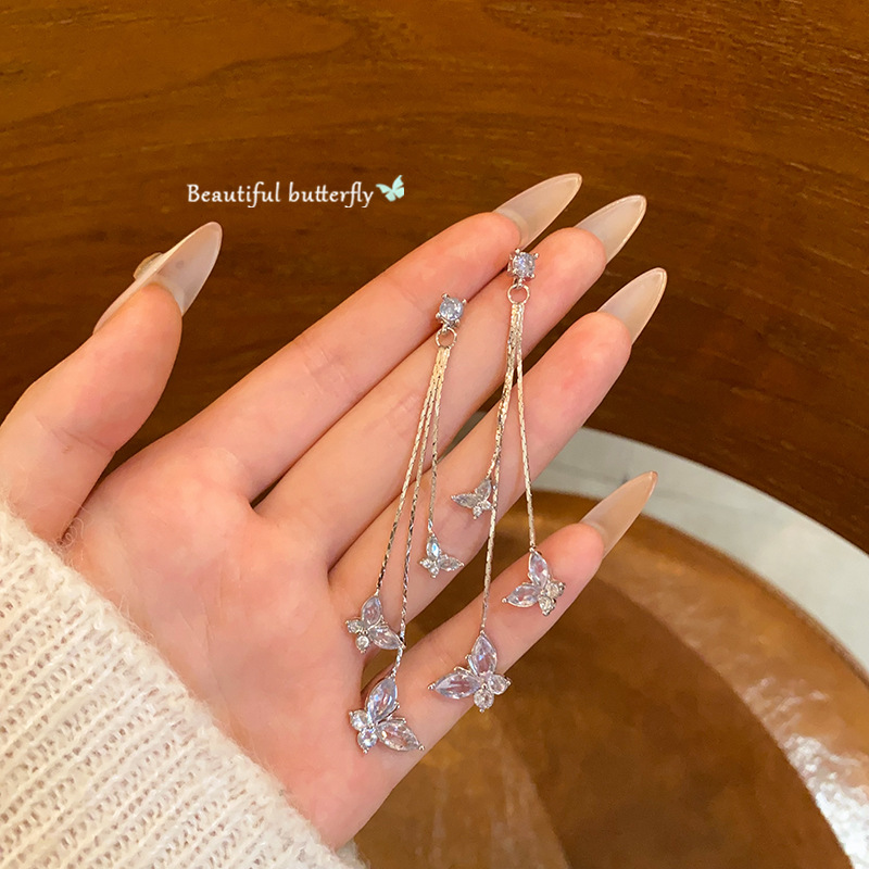 Super ethereal zircon tassel butterfly earrings for women, a new 2025 trendy and unique long earrings with a cold style full figure