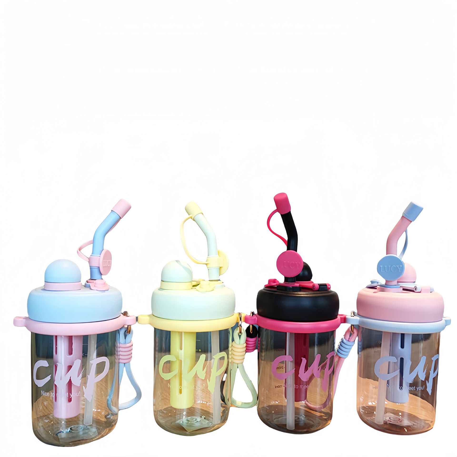 Summer portable rope double-drinking straw plastic water cup for student girls Korean version trendy tea stranding flower tea cup Item Picture