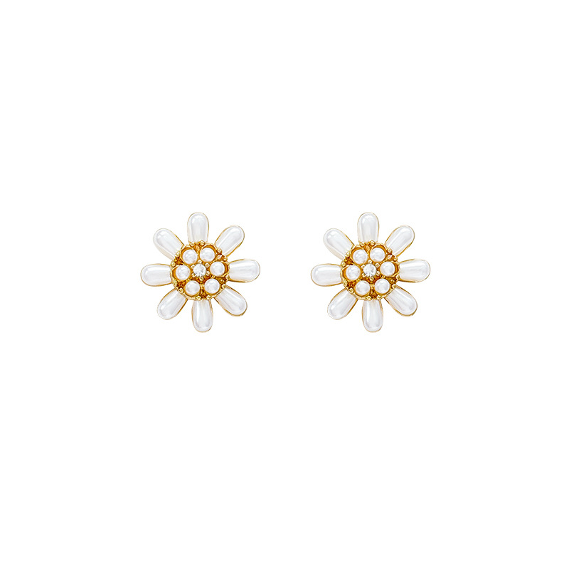 Sunflower pearl stud earrings, women's light luxury, niche and high-end feel, diamond-encrusted geometric earrings, wholesale of the same style of earrings as Internet celebrities Item Picture