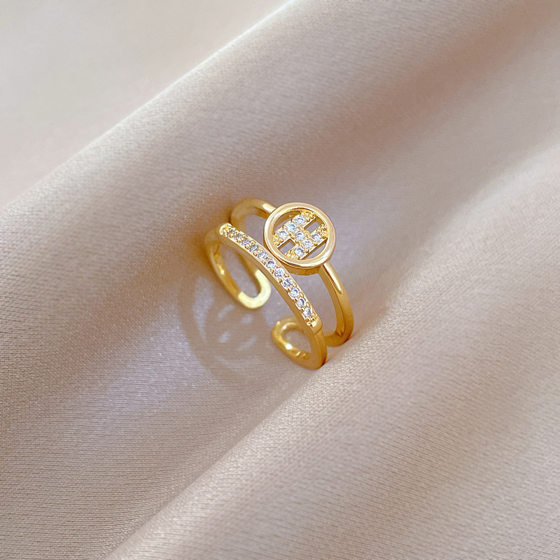 【 Real Gold 】 Light luxury and fashionable zircon ring with adjustable opening, simple jewelry, Japanese-style ring couple rings full figure