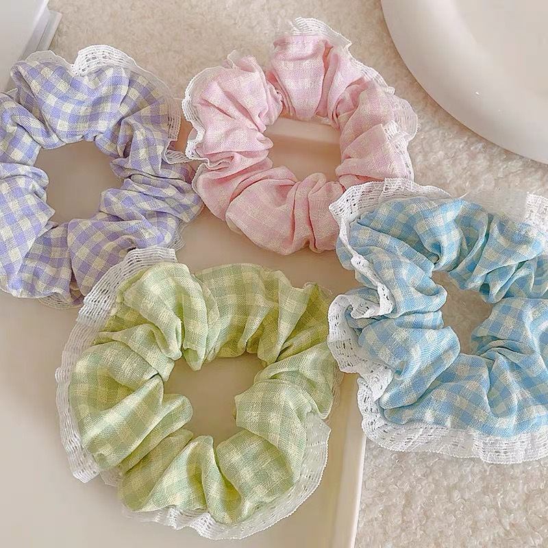 2025 New sweet checkered large intestine hair band, high-end lace-trimmed headband, Korean version rainbow-colored leather band hair accessory Specification drawing