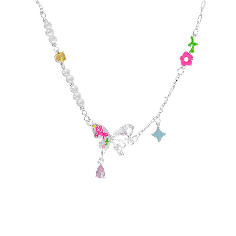Hollowed-out pearl butterfly zircon necklace for women, dopamine temperament collarbone chain 2025 new style sweet necklace Item Picture