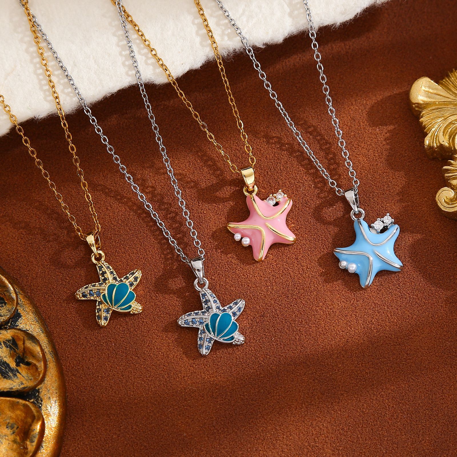 Cross-border best-selling summer beach-style stainless steel necklace, copper micro-inlay shell starfish necklace, ocean vacation collarbone chain details Picture
