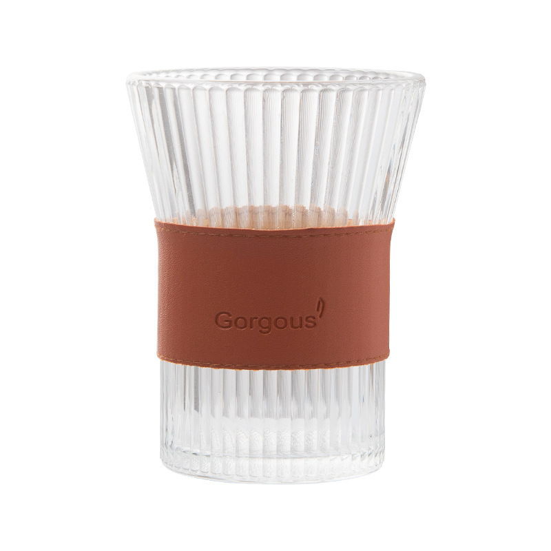 Vertical pattern high borosilicate glass single-layer cup with wooden ring insulation tea brewing cup, office large-capacity coffee and milk tea cup Item Picture