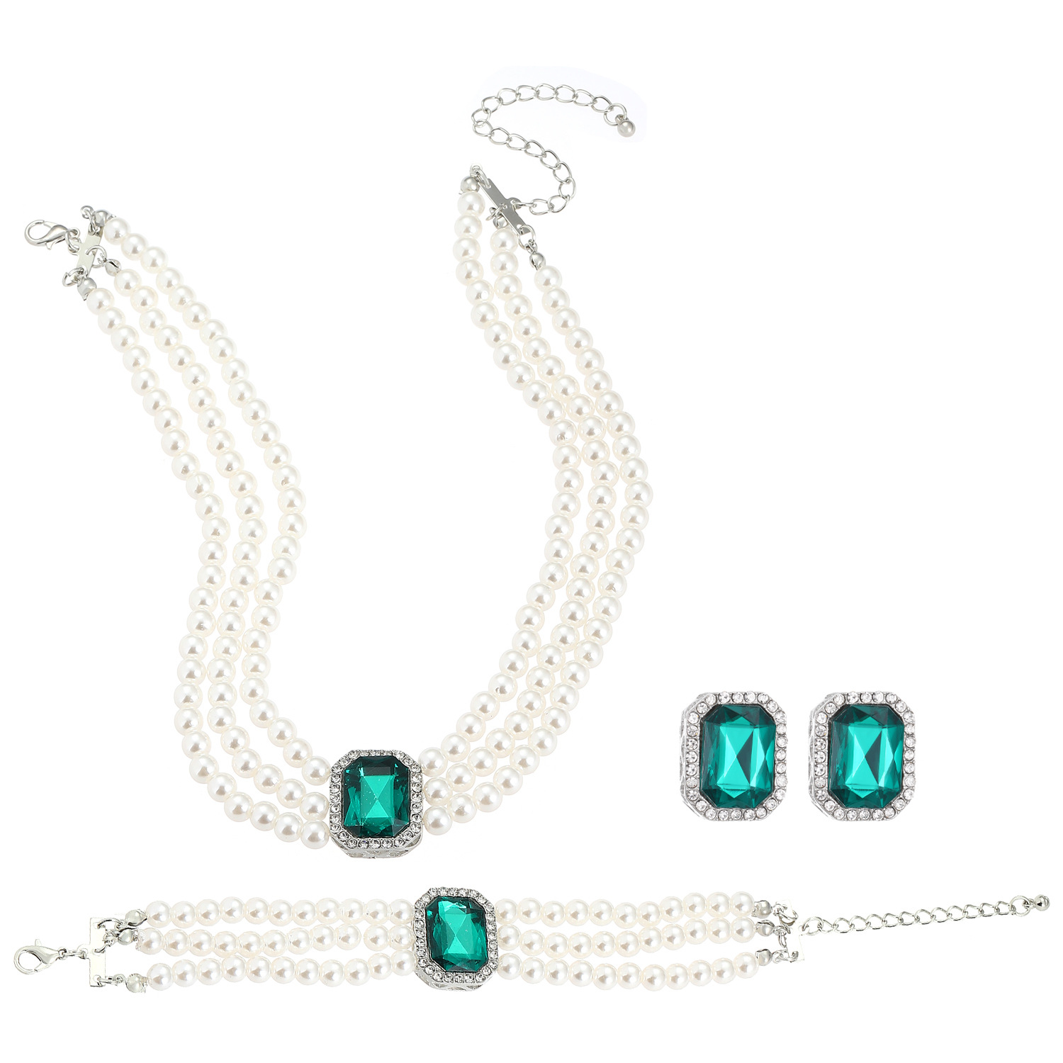European and American cross-border jewelry multi-layer imitation pearl necklace, necklace, bracelet, stud jewelry set, high-end three-piece set for women Item Picture