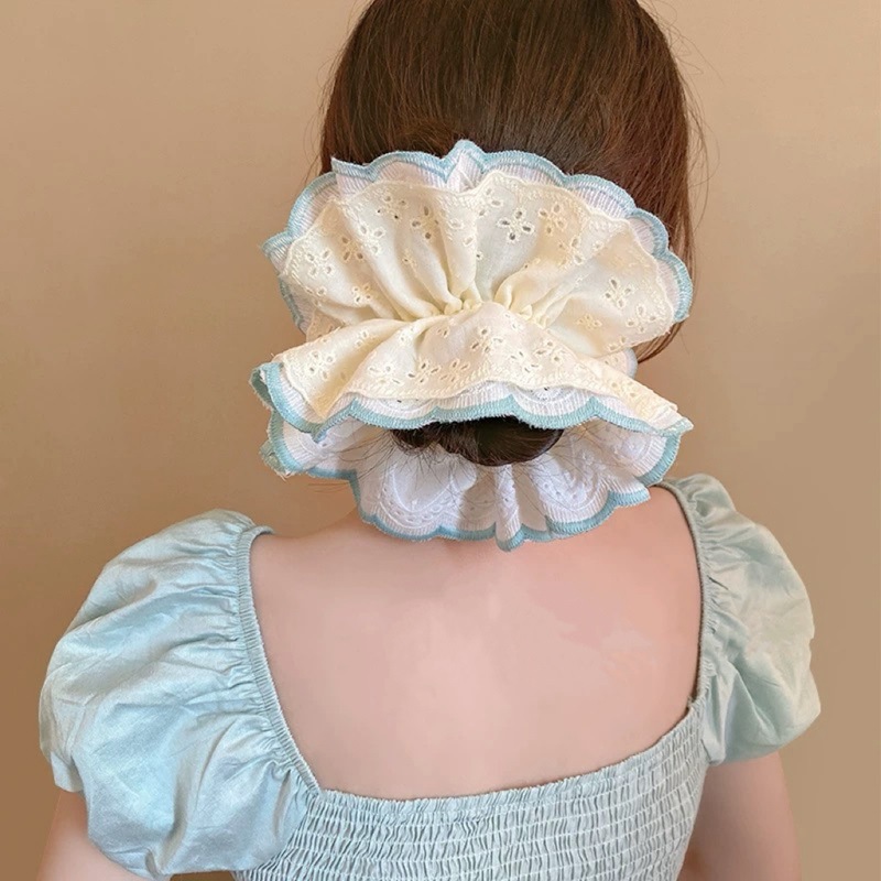 Lemon and mint ~ Ethereal lace multi-layer large intestine hair band, niche design sense hair rope, fresh meatball rubber band details Picture