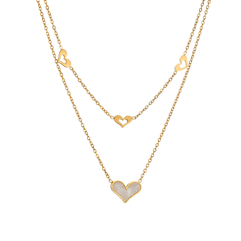 Korean style, simple and elegant, shell heart hollowed-out pendant, stainless steel chain, double-layer stacked gold-plated necklace Item Picture