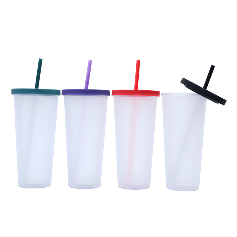 A new modern plastic water cup from cross-border Amazon, a popular cartoon portable 24oz frosted double-layer straw cup Item Picture
