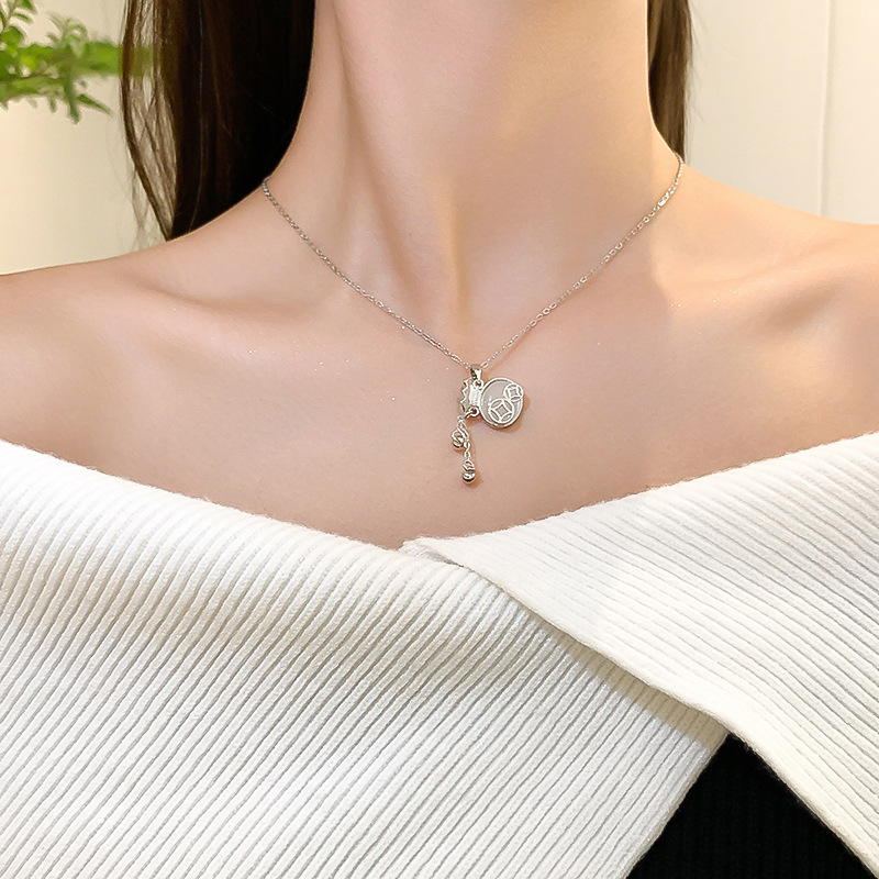 Silver cat's eye tassel money bag necklace, women's niche style, versatile collarbone chain, internet-famous light luxury style accessory wholesale details Picture