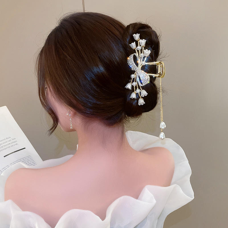 New Chinese-style ancient wind chime orchid hair clip, bow at the back of the head, ethereal grab clip, hair tie shark clip headwear, Chinese style Specification drawing