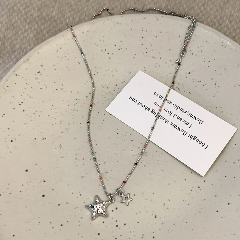 Seven-color Starry River ~ Playful Glazed Star Pendant Necklace, a must-have accessory for female Internet celebrities, a design sense and a niche sweater chain details Picture