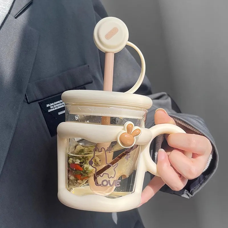 ins creative water cup, tea filter, simple straw cup for girls, office with spoon, high appearance level cartoon glass cup full figure