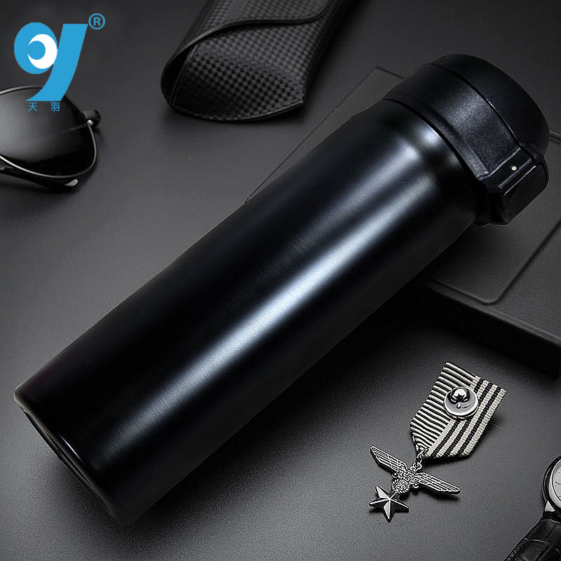 Pure black simple stainless steel vacuum insulated cup, business portable one-click lid opening straight cup, water cup wholesale full figure