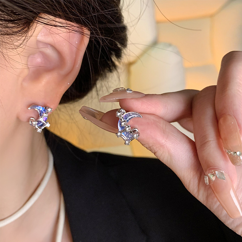 Super ethereal and clear blue moon earrings for women on Instagram, a unique and versatile style. Dreamy zircon design, high-end stud earrings details Picture