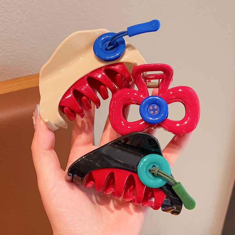 Designer button clip, fashionable and elegant red hair clip, color-blocked hair clip, semi-tied shark clip, hair grab headwear full figure