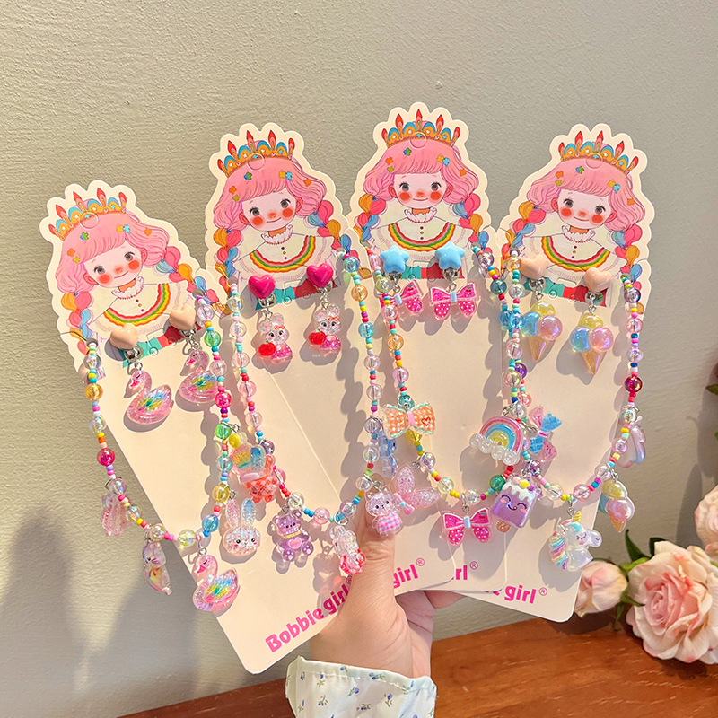Cute cartoon children's necklace, beaded earrings, sweet girl's colorful pearl pendant, girls' accessories and ornaments Specification drawing