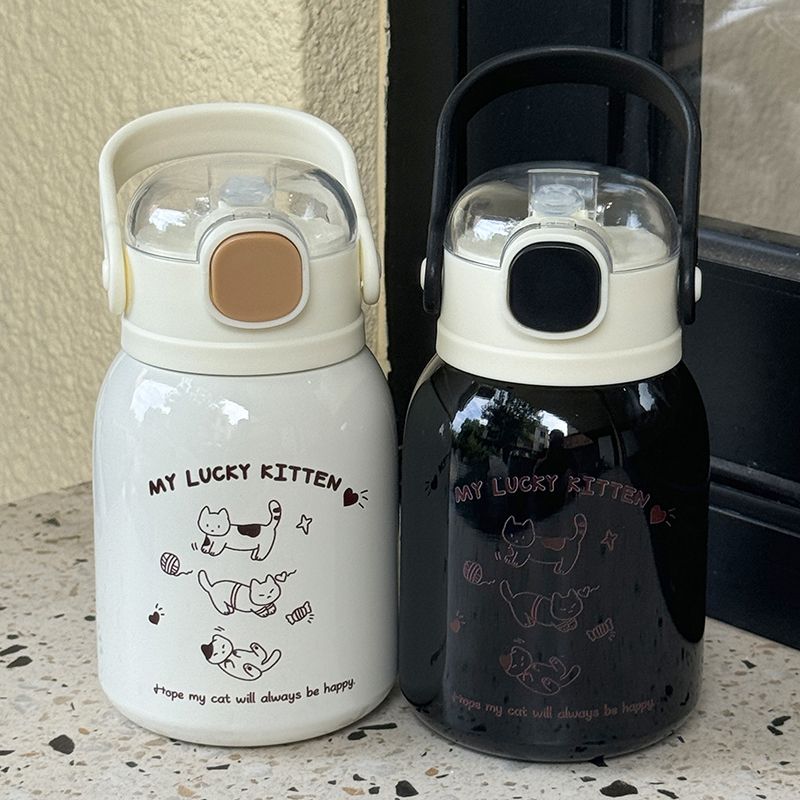 New thermos cup, universal, large-capacity, cute student stainless steel, simple water bottle, tea cup, water bottle, simple style, little cat Specification drawing