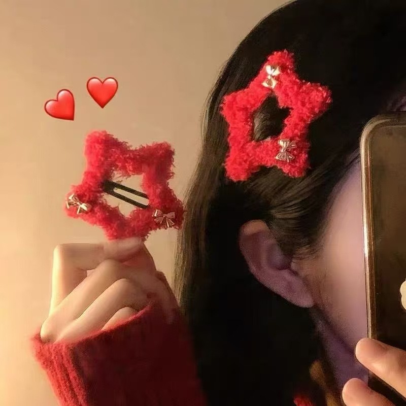 New Year's red plush star hair clips, bow bangs, BB clips, side hair clips, hairpins, Christmas headwear, hair accessories details Picture