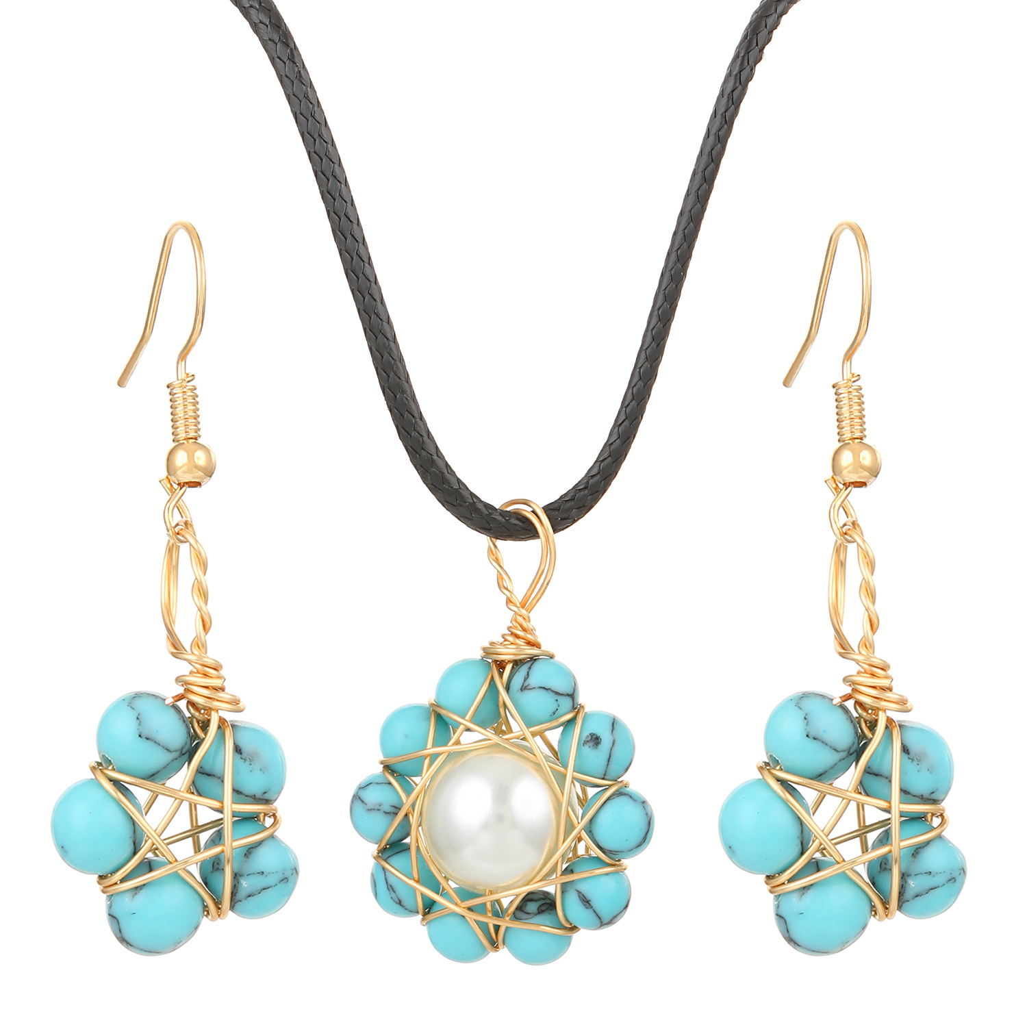 European and American artificial crystal wound pearl flower earrings, necklace, Bohemian jewelry set, women's fashion three-piece set Item Picture
