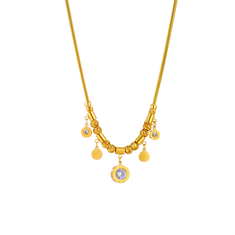 A stylish and versatile round plate diamond-encrusted titanium steel pendant chain with a high-end, simple and retro collarbone style Item Picture