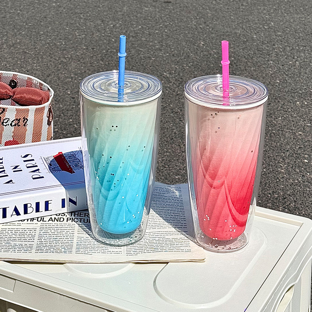 Simple gradient straw cup, Rainbow girl double-layer plastic cup, student creative office and household large-capacity water cup details Picture