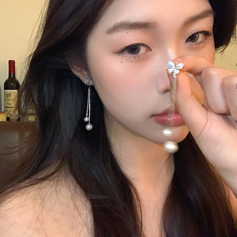 Diamond-encrusted butterfly pearl tassel earrings for women, exquisite and versatile Korean-style stud earrings, fashionable, light luxury, high-end and elegant earrings Specification drawing