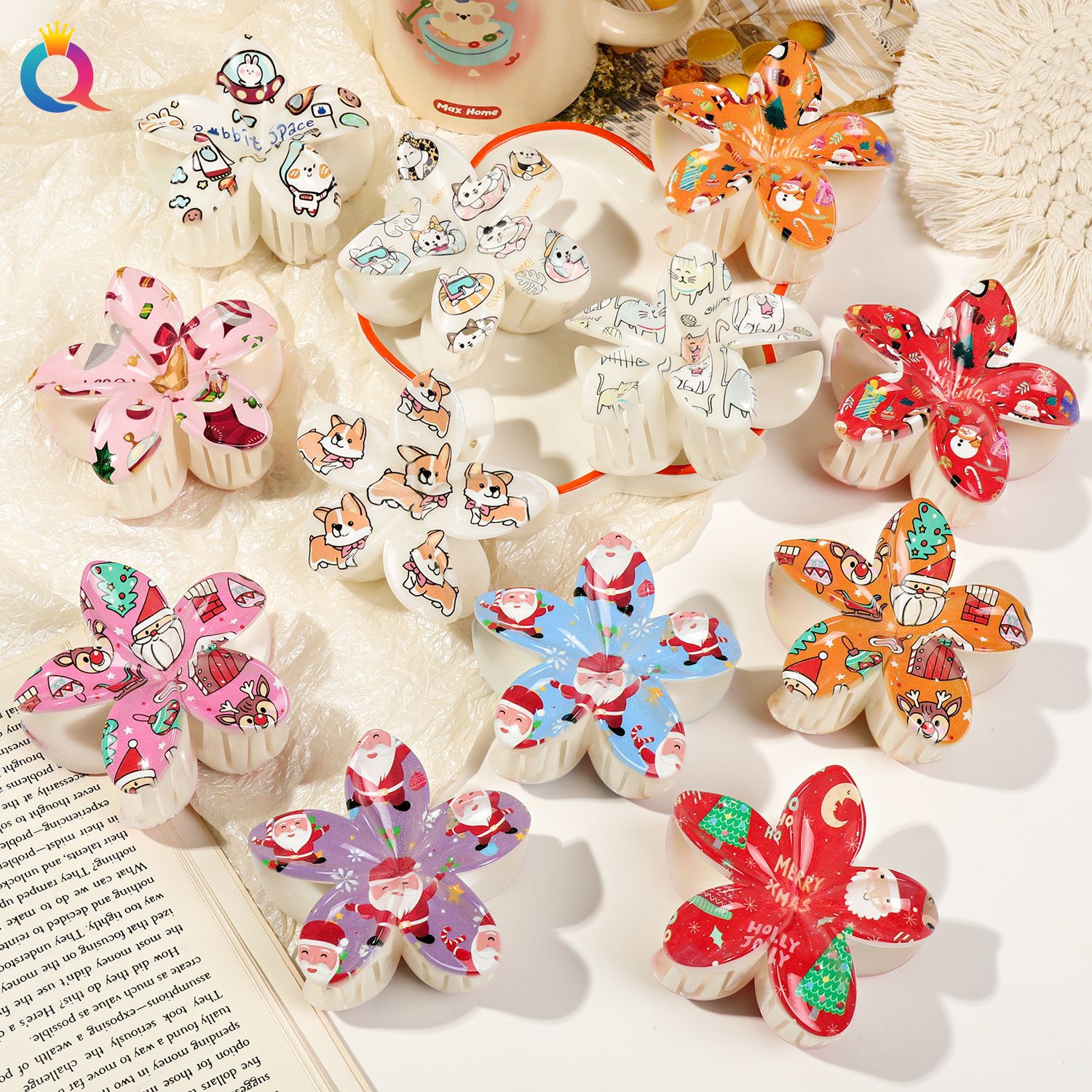 Qiyue Cross-border European and American creative frellia flower clips, fashionable UV printed Bauhinia flower hair clips, flower shark clips wholesale full figure