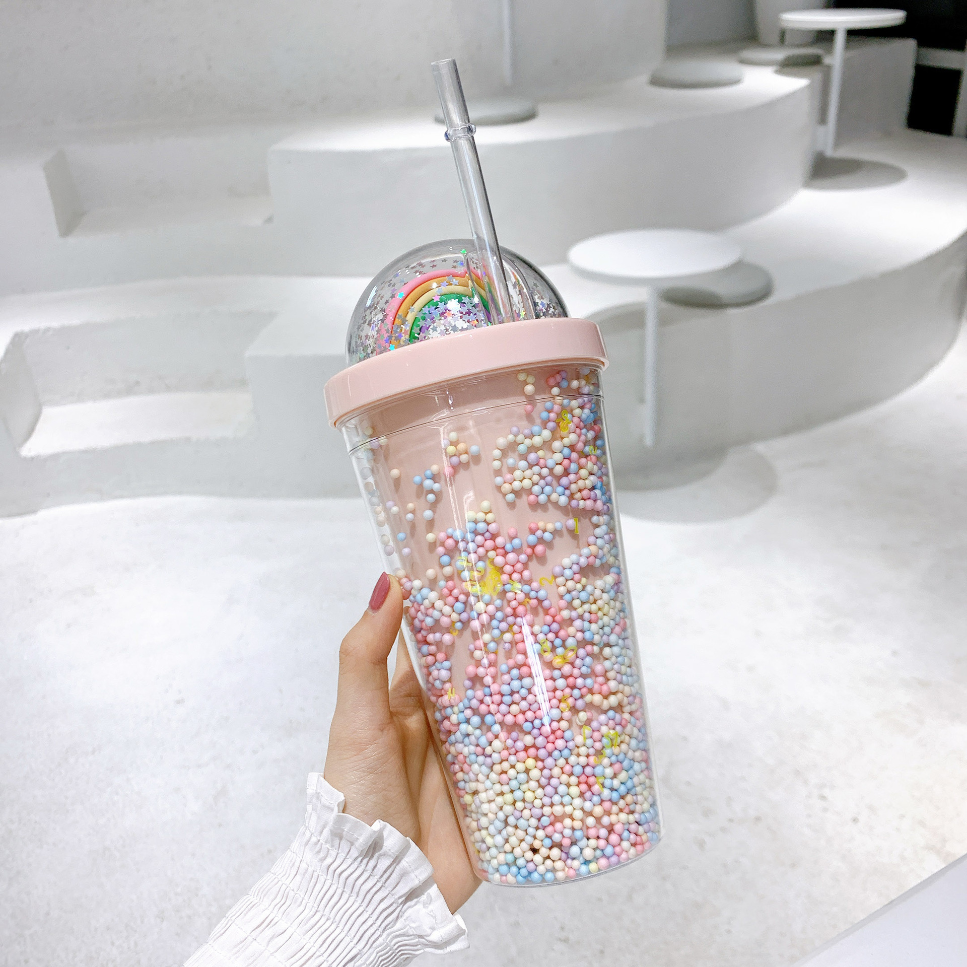 Korean version plastic cup, double-layer with straw, popular Instagram water cup, teenage girl's home, office, breakfast, milk and juice cup Specification drawing