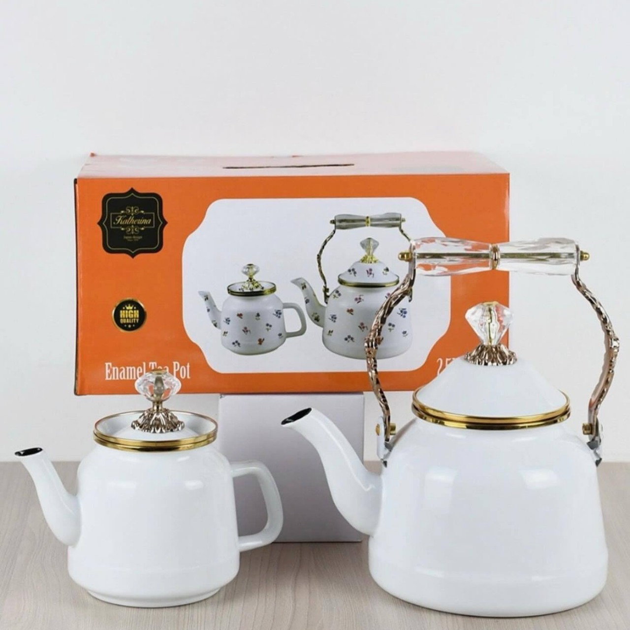 New high-end enamel tea and coffee brewing kettle with gold edge, featuring a mother and child pot, enamel pot, and electric stove full figure