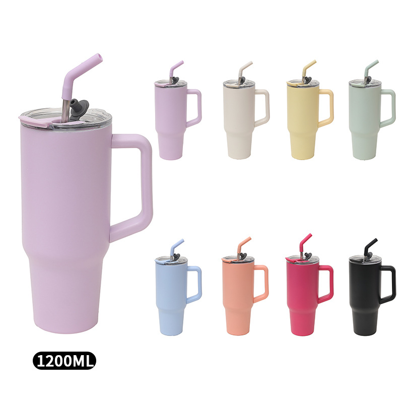 Cross-border Amazon stainless steel handle car cup, double-drinking large-capacity straw cup, home solid-color light luxury insulated cup full figure