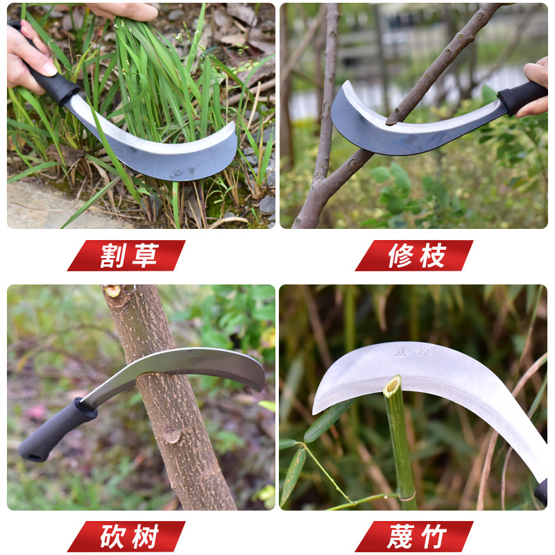 Agricultural branch and firewood chopping knife, household harvesting and weeding sickle, grass cutting knife, small firewood knife, plastic-handled 309 plastic-handled curved banana knife Application Scenario