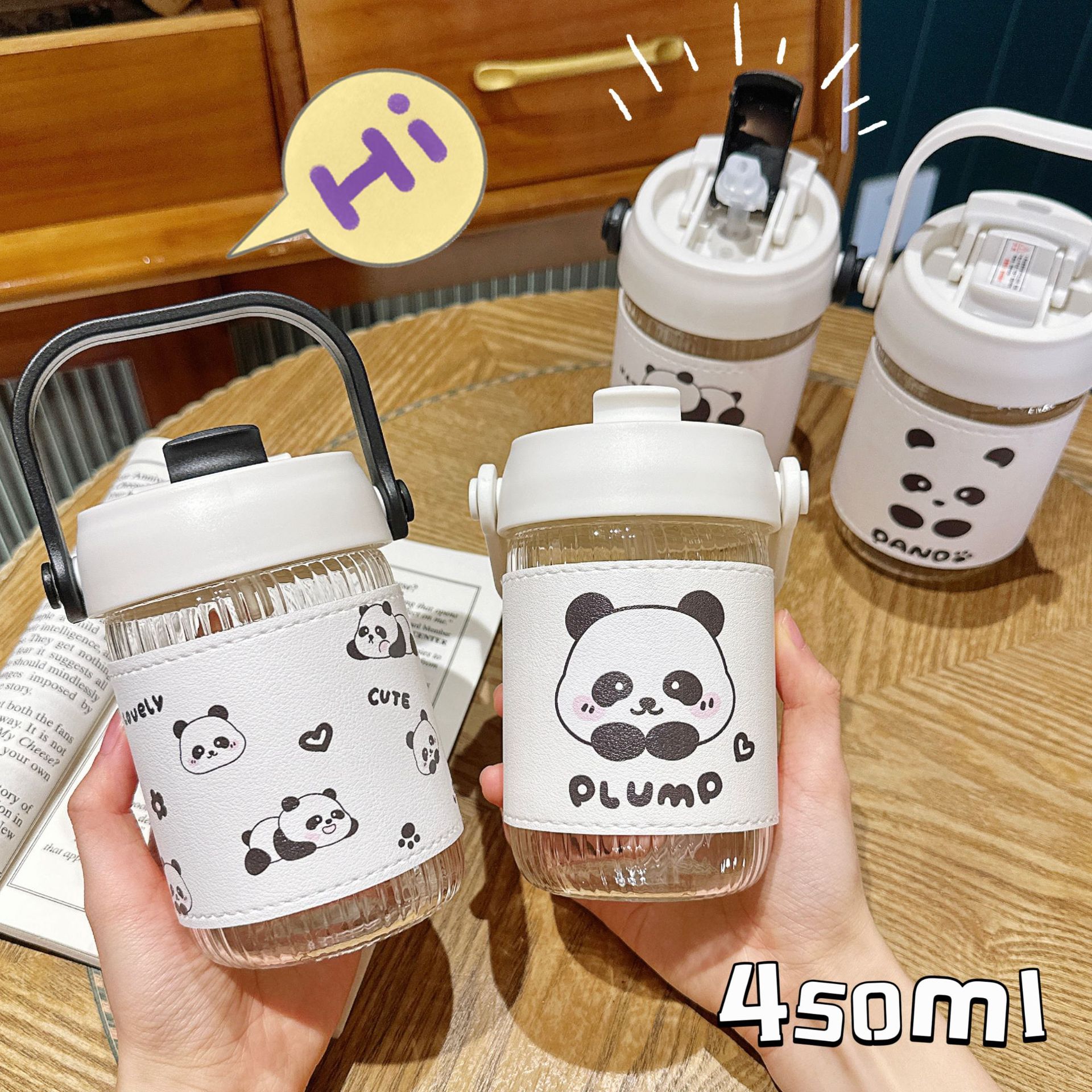 The new panda glass cup is cute for girls and the student's double-drinking straw cup is cartoonish. Let's work together to prevent the coffee water cup from getting hot full figure