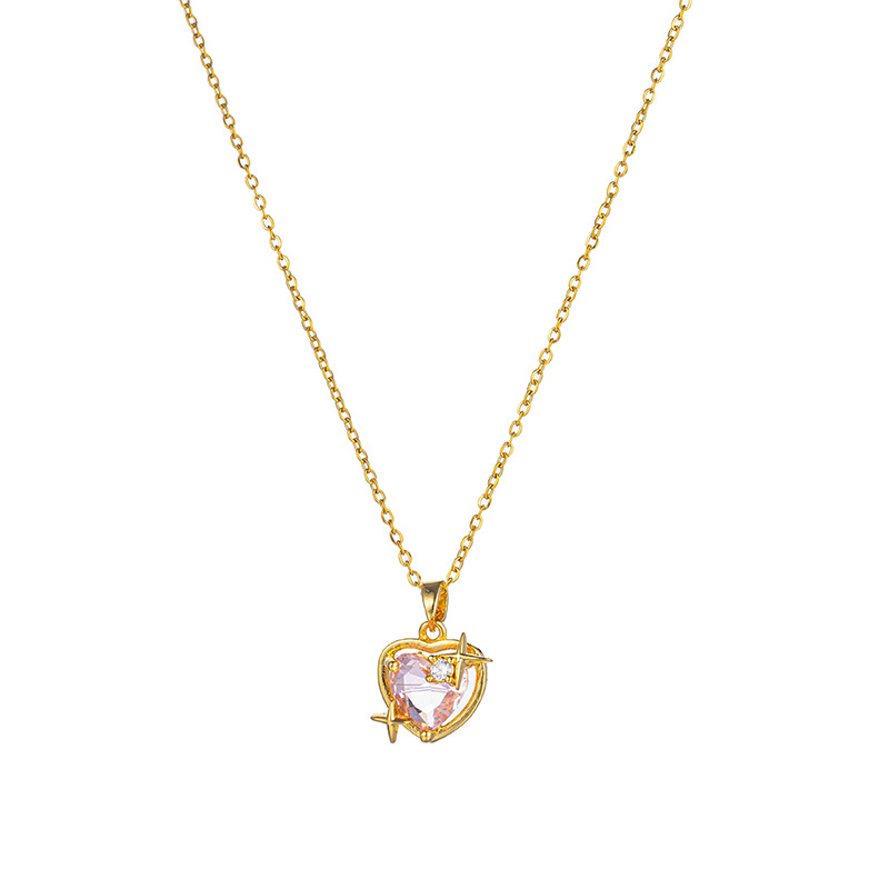 Wholesale of Korean version fashionable new pink heart-shaped zircon pendant titanium steel necklace, women's niche design sense starlight jewelry Item Picture