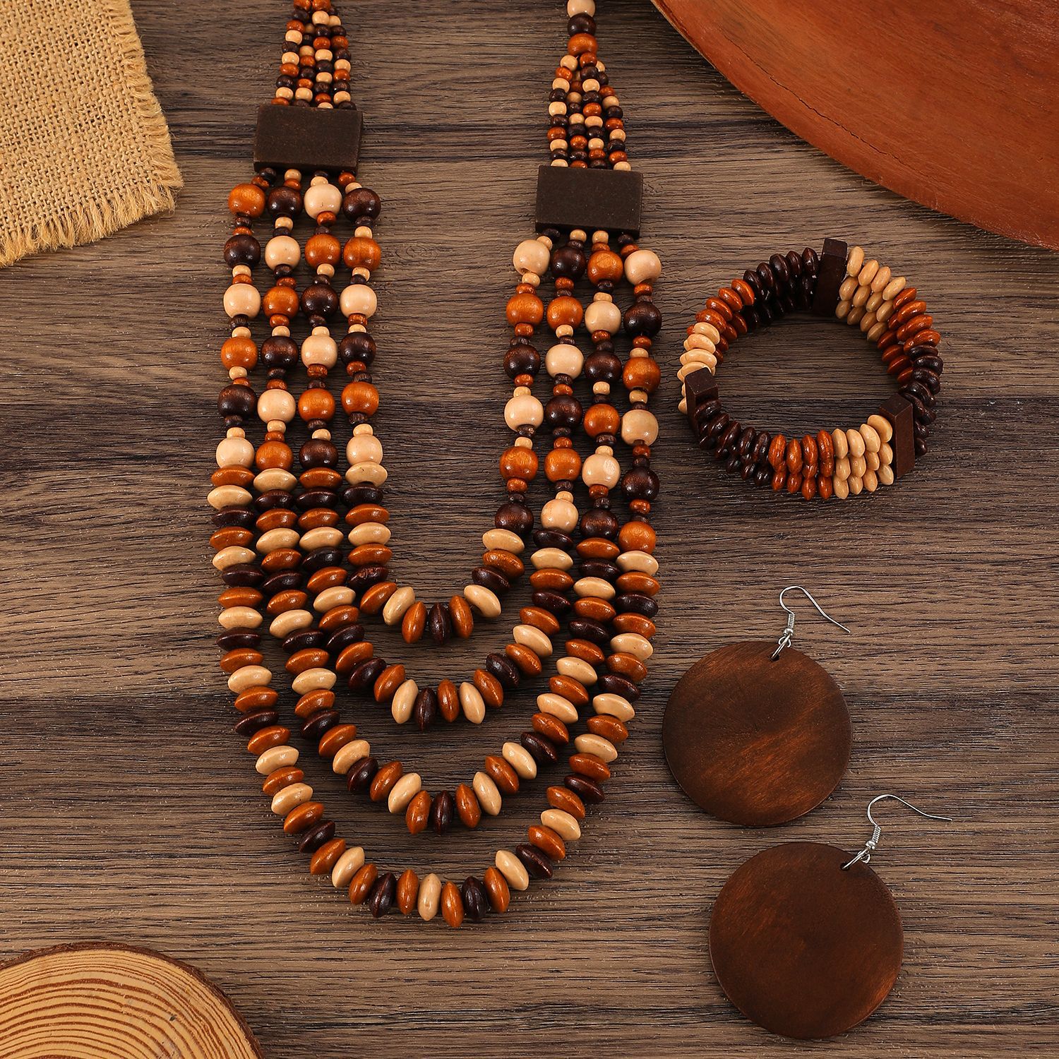 Cross-border retro ethnic style wooden bead multi-layer beaded bracelet, earrings, necklace set, Bohemian long sweater chain Specification drawing