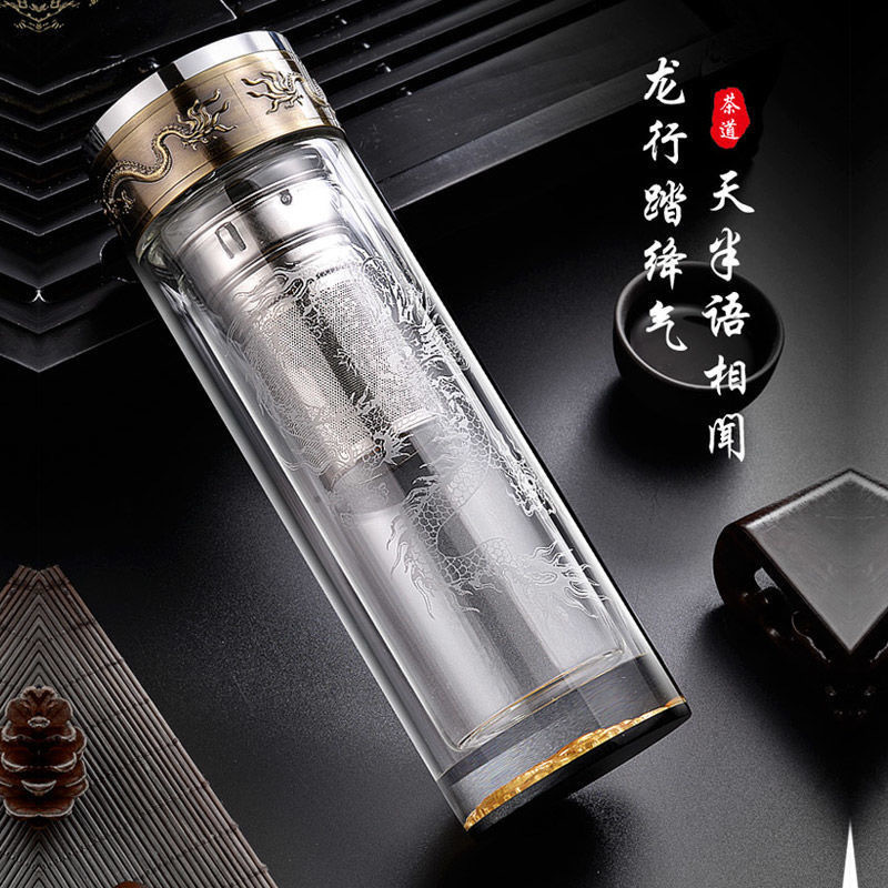 High borosilicate dragon-patterned water cup, transparent glass cup, heat-insulating and anti-scald, double-layer tea brewing cup with tea strainer, business gift cup full figure