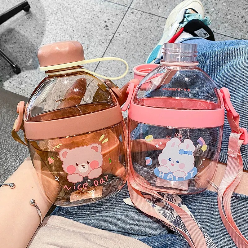 Cute and creative water cup for direct drinking, portable outdoor slanted water bottle, high appearance level cartoon student and children's plastic cup details Picture