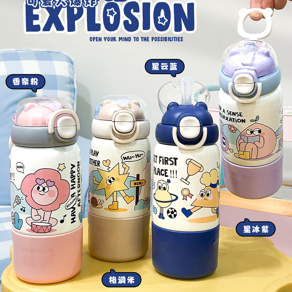 Xiaocha Diary: High Appearance Level Girls' Straw Insulated Cup, Children's Water Bottle, Portable Cold and anti-drop Cup for Students to Go to School full figure