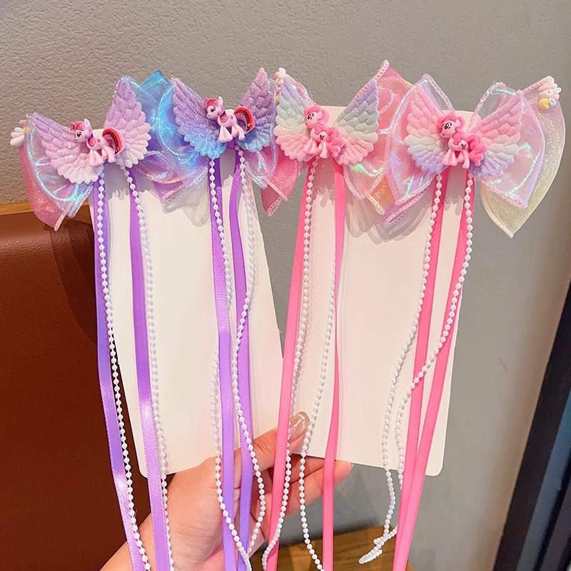 Children's pearl mesh gauze float cartoon super fairy princess ribbon braided hair headwear, little girl bow hair clip hair accessory details Picture
