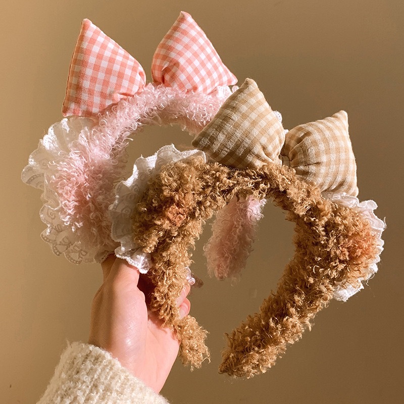 Sweet blush, little bear ears, bow, lace, face wash, hair band, women's makeup hair clip, cute plush headband, headwear Specification drawing