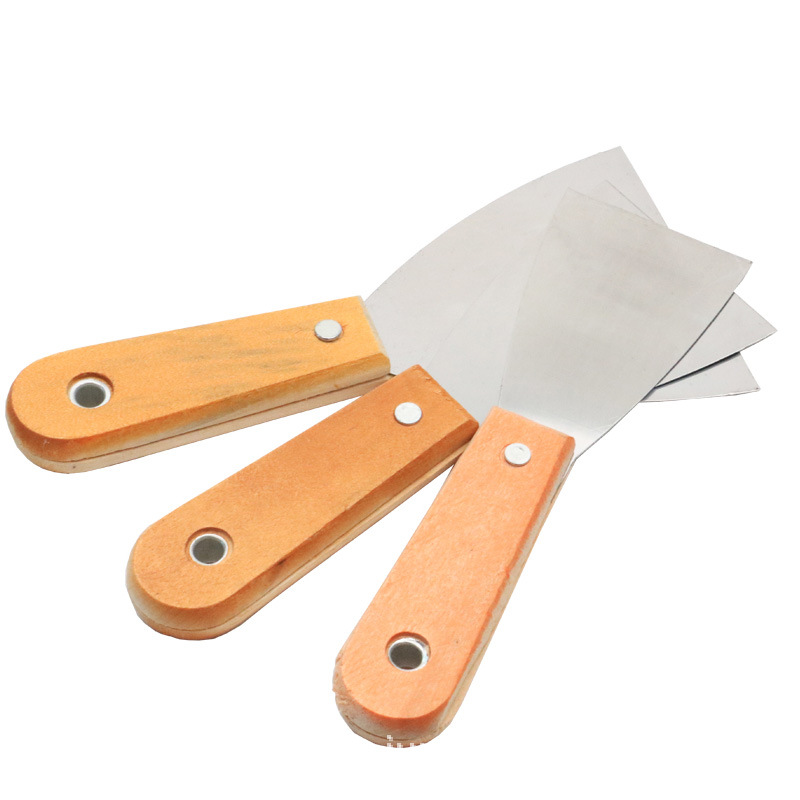 Wholesale round-handled wooden putty knives, cleaning knives, double-clamped mirror-polished shovels, double-color handles, carbon steel and stainless steel shovels Item Picture