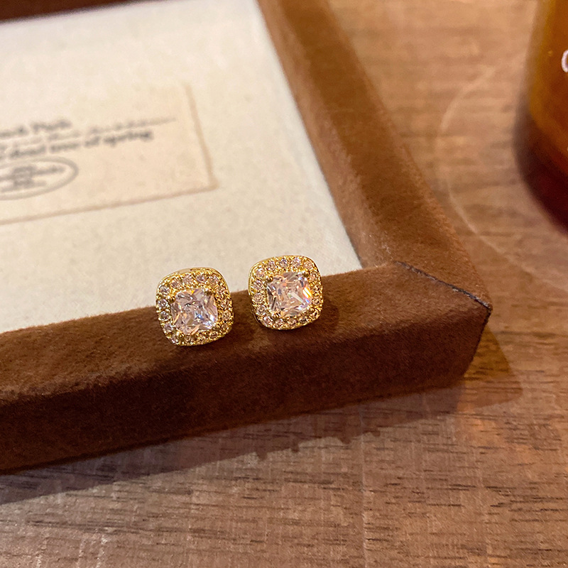 Exquisite micro-inlaid square zircon earrings for women, fashionable, light luxury, niche and high-end style earrings, sparkling diamond earrings wholesale Application Scenario