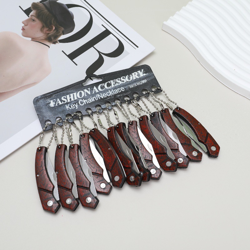 Wood-grain folding fruit knife with chain, portable camping knife, sharp folding knife for household use, dormitory knife for students to open packages full figure